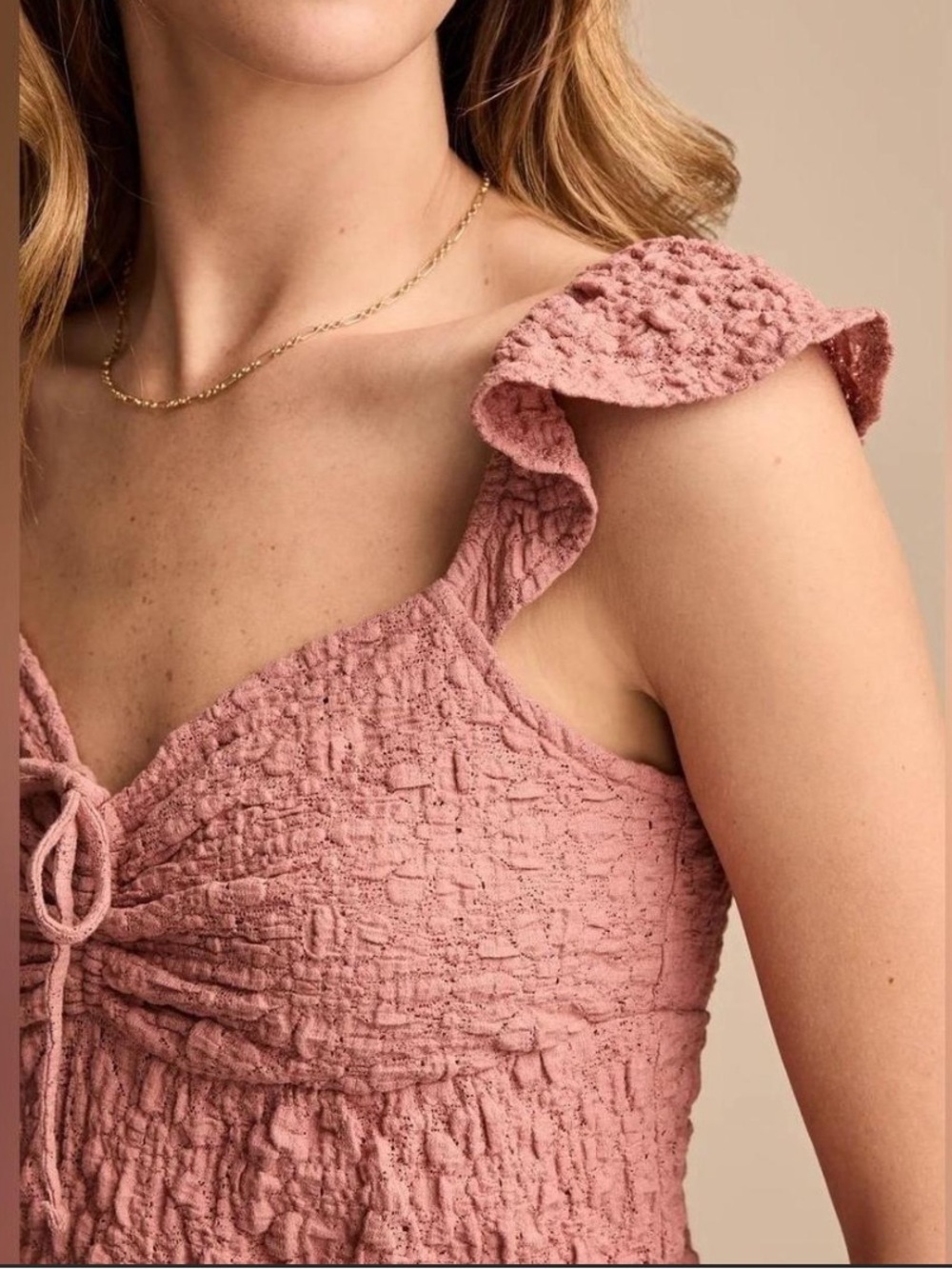 Lucky Brand Textured Babydoll Dusty Rose Smocked Tie-Front Top NWT - Picture 2 of 7